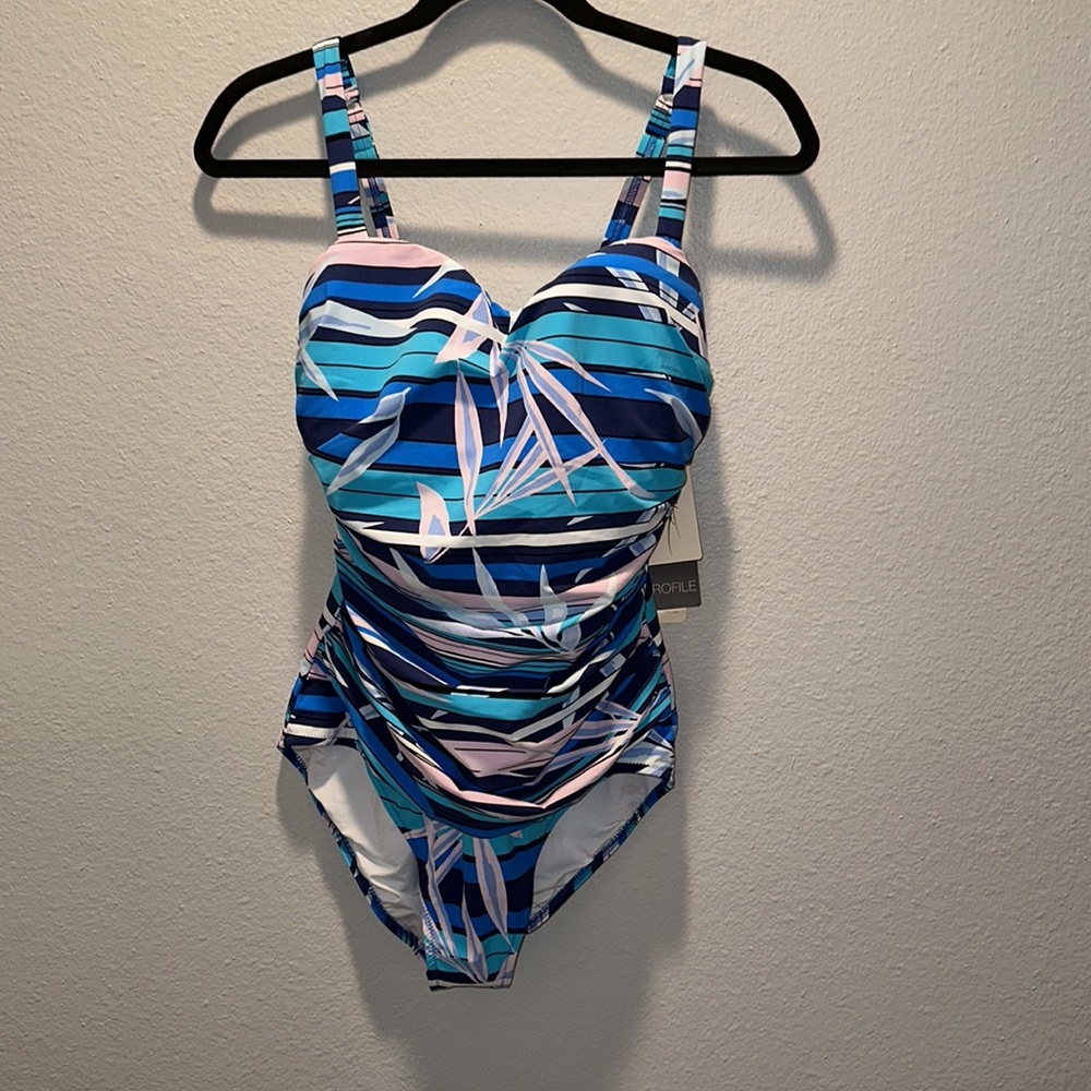 GOTTEX *Palm Beach* pink blue stripe one piece swimsuit 12D - Picture 2 of 5